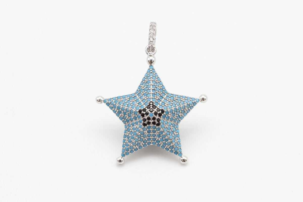 CZ Micro Pave 28x36mm Turquoise Star Pendant/Charm, Cubic Zirconia Pendant/Charm for Necklace Bracelet, Fashion Jewelry Findings, sku#F5