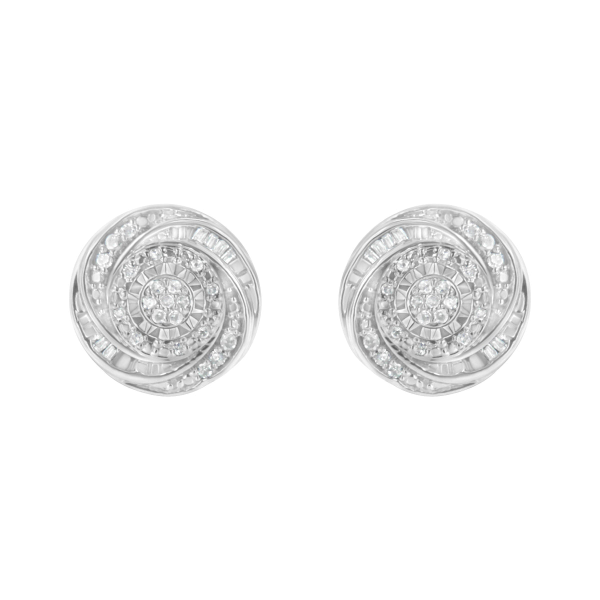 .925 Sterling Silver 1/4 Cttw Baguette and Round Diamond Swirl Love Knot Stud Earrings (I-J Color, I3 Clarity)