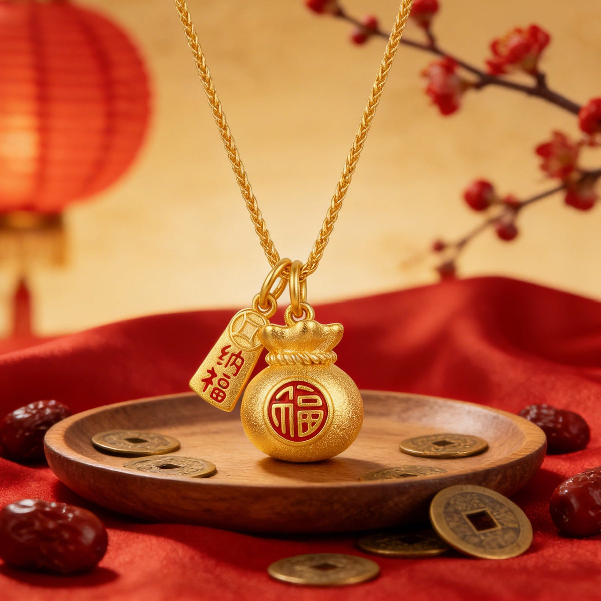 925 Sterling Silver Traditional Fortune Money Bag Necklace with Red Fu Character and Prosperity Tag