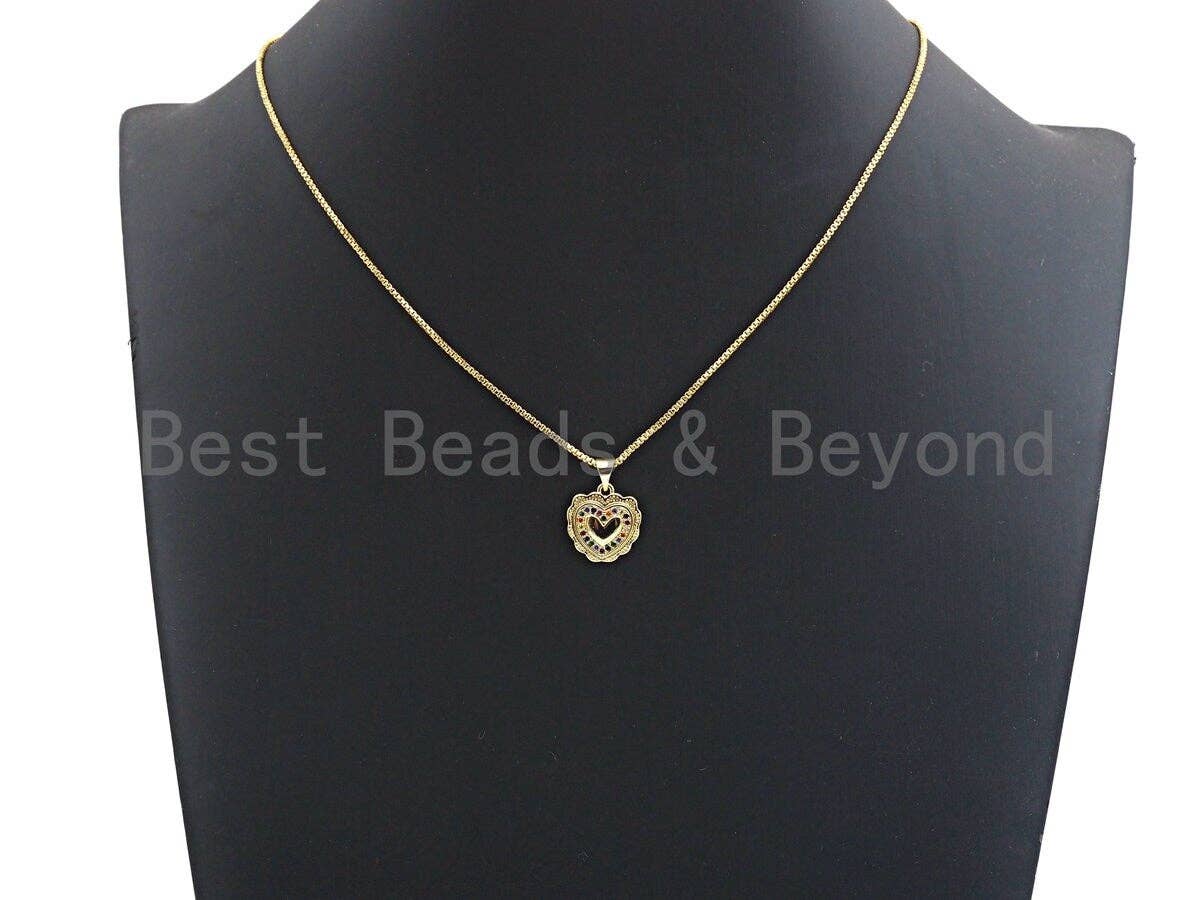 CZ Colorful Micro Pave Lace Heart Gold Pendant, Heart Shaped Pave Pendant, Gold plated, 14x15mm, Sku#F949