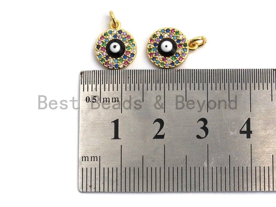 CZ Colorful Micro Pave Round With Evil Eye Pendant, Coin Shaped Pave Pendant, Gold plated, 10x12mm, Sku#F842