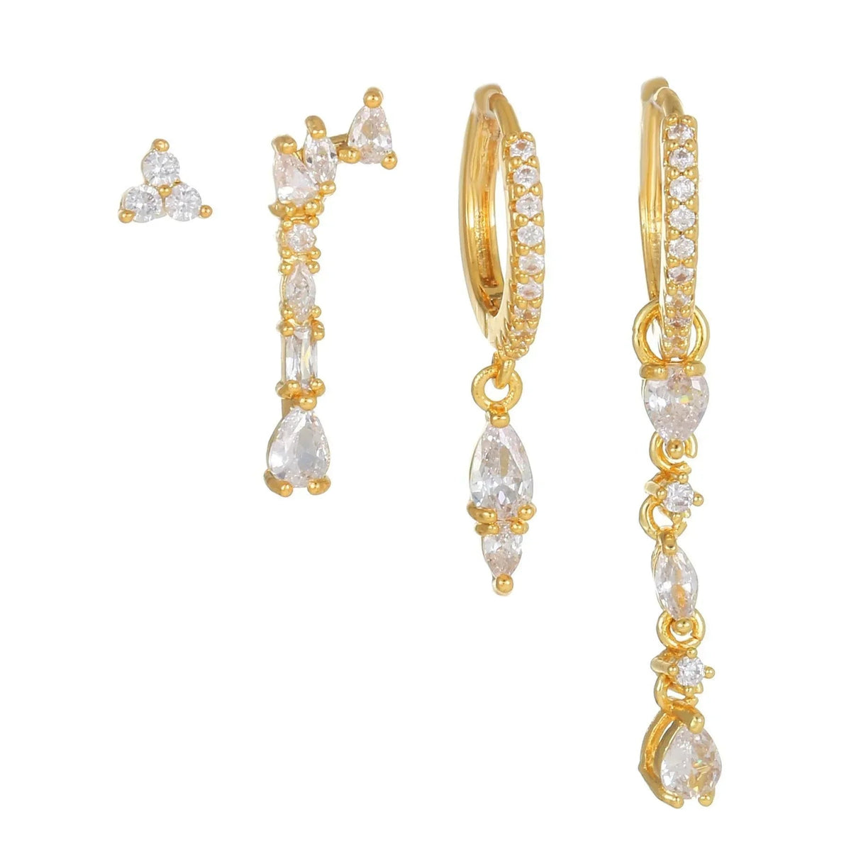 Stacking 4 Pieces Teardrop Elegance Earring Set, 18k Gold Stud Drop Hoop, S925 Needle, Stacked Lobe Designs with Dazzling Zirconia