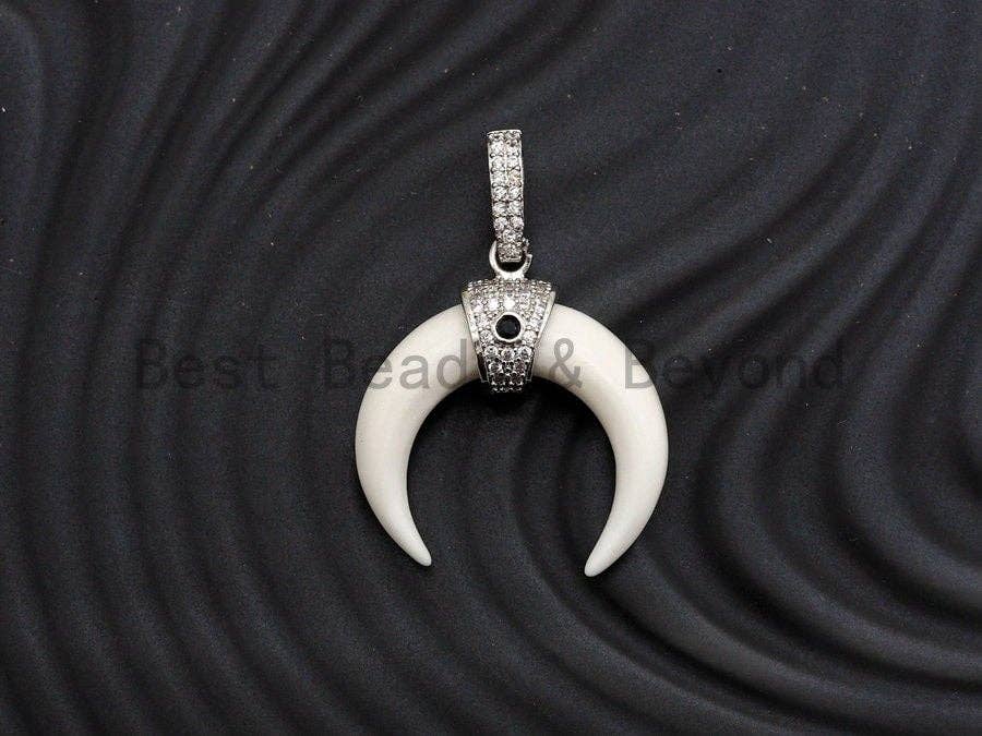 CZ Micro Pave With Ivory OX Horn Pendant ,Gold/Silver/Black/Rose Gold ,Cubic Zirconia Jewelry Findings,25x27mm,sku#F702