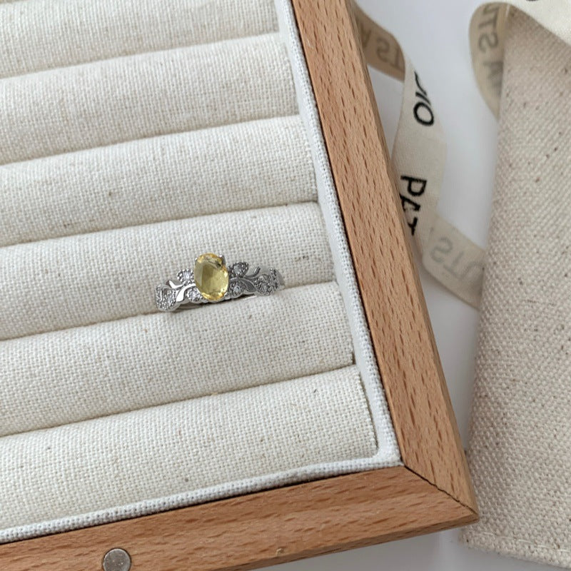 Vintage Vine Oval Gemstone Open Ring For Women, Elegant Luxury Niche Design,