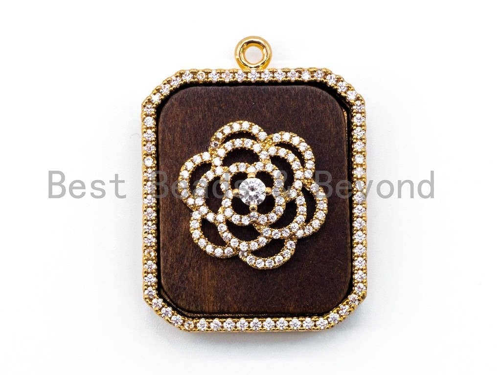 CZ Micro Pave Flowers on Wood Emerald Cut Square Pendant, 29x39mm,sku#B51