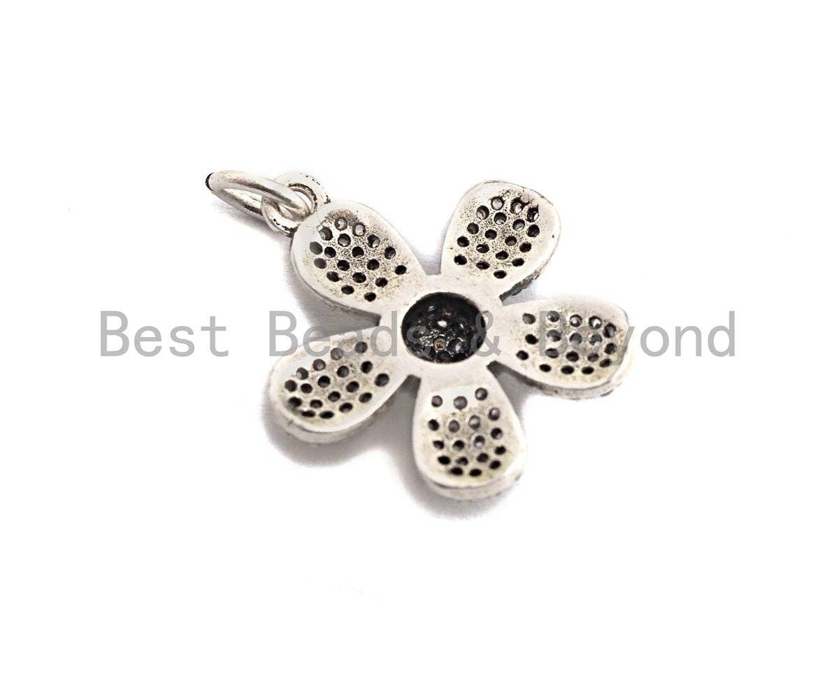 CZ Micro Pave Flower Pendant, Antique Silver Tone, Clear Cubic Zirconia Big Pave Flower Charm Pendant, 17x18mm,sku#F1008