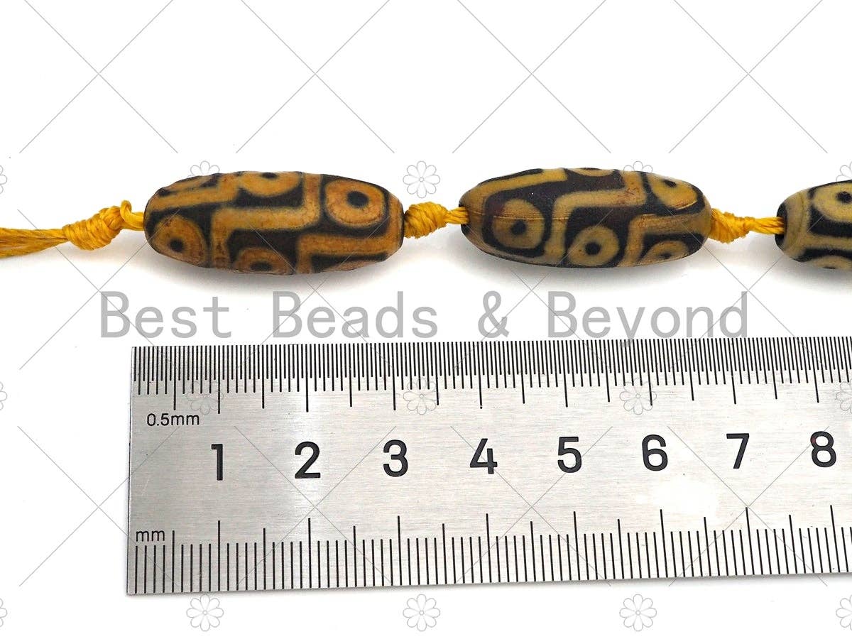 Natural Tibetan Agate Barrel Beads, Yellow Black Dzi Drum Beads, Tibetan Dzi Beads, Matt Agate,10x30mm, Sku#U1043