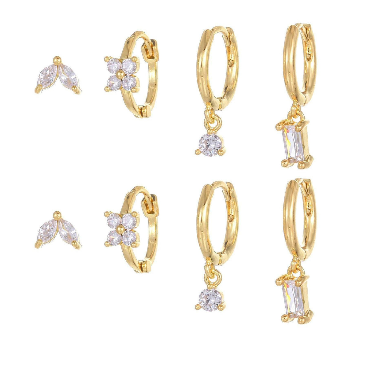 Stacking 4 Pieces Geometric Zircon Stud Earring Set, 18k Gold Plated Ear Studs and Drops, Trendy Sweet Cool Earrings, S925 Needle