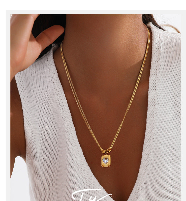 Diamond-studded Heart-shaped Snake Bone Chain Stainless Steel Necklace For Women - Luxurious And High-end, Double-layered And Stackable, Perfect For All Occasions.