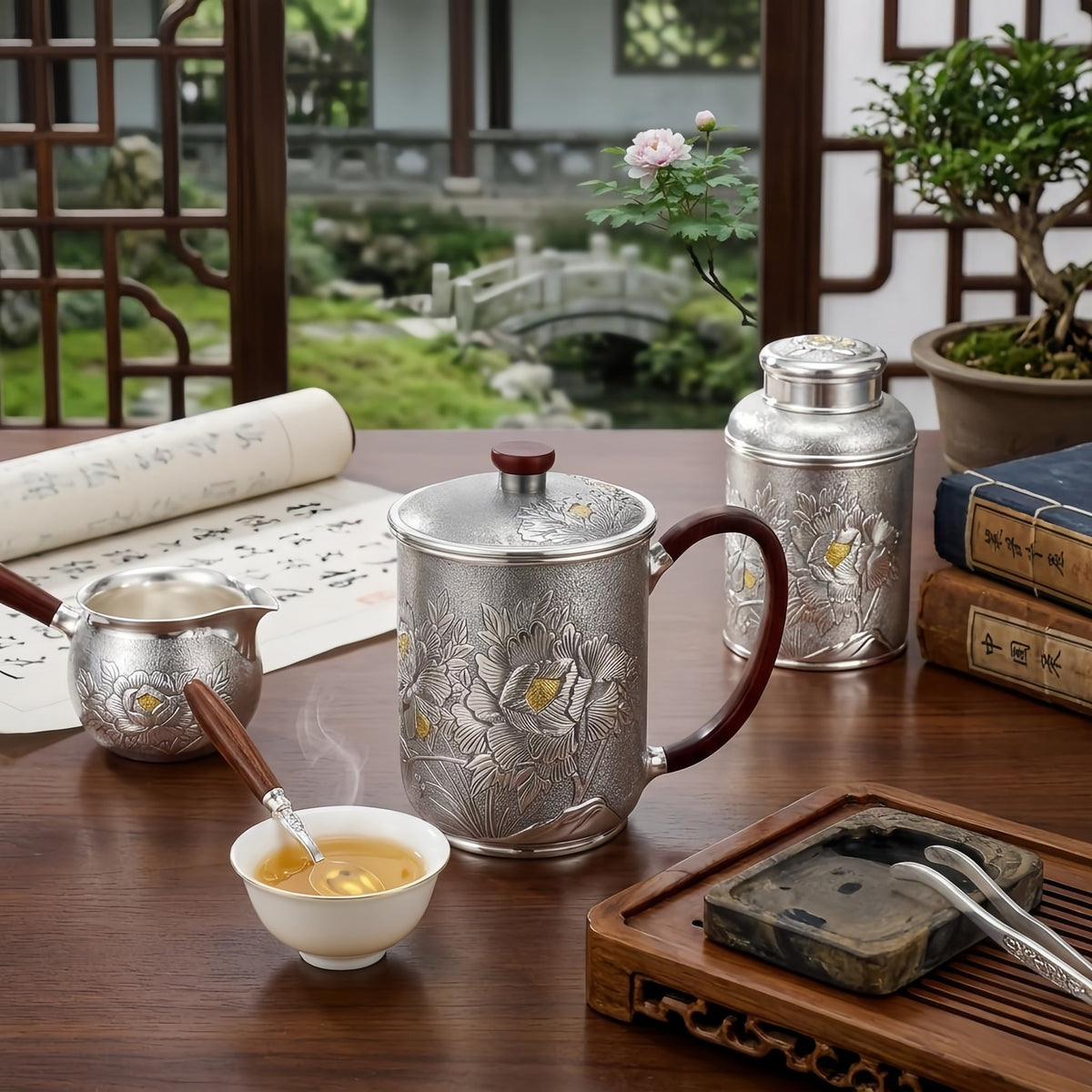 Pure 999 Fine Silver Handcrafted Silver Mug with Embossed Peony Motifs and Rosewood Accents - Handicraft