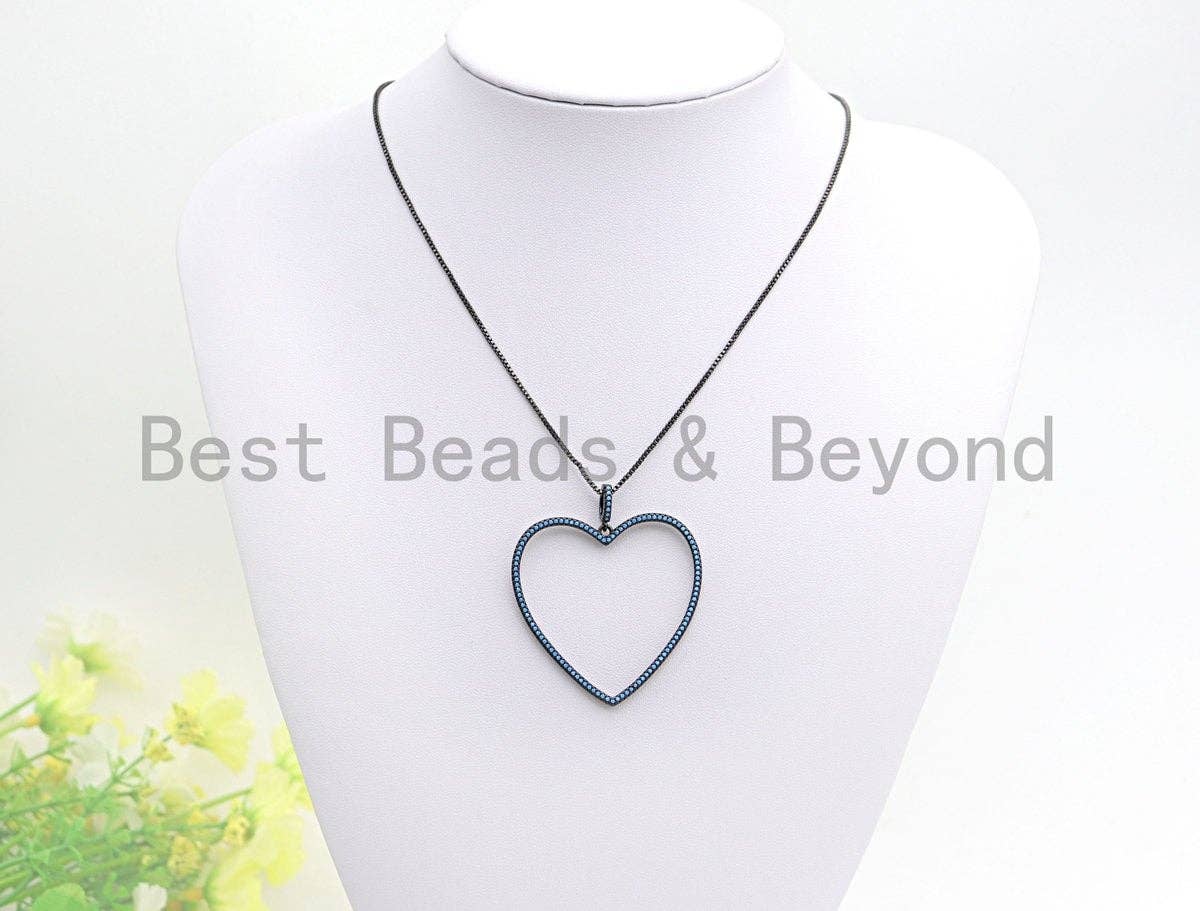 Colorful CZ Micro Pave Large Hollow out Heart Pendant, Black/Turquoise/Cobalt/Fuchsia CZ Pave Heart Pendant, 43mm, sku#X110