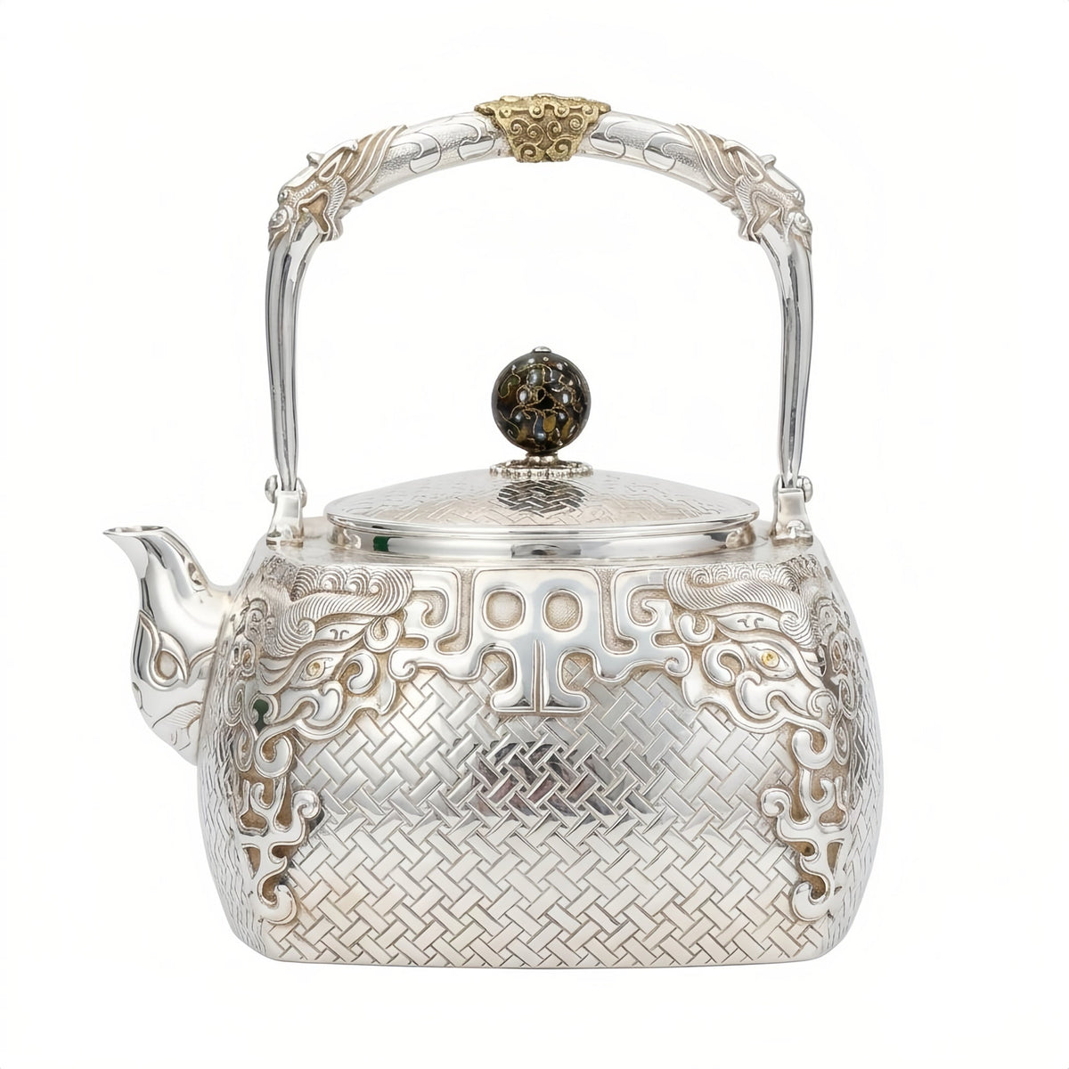 Pure 999 Fine Silver Elegant Handcrafted Silver Teapot Featuring Intricate Basketweave Texture and Traditional Oriental Filigree Accents - Handicraft