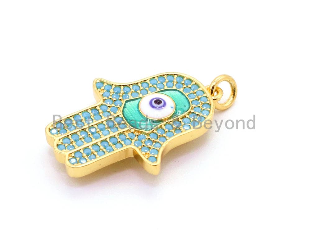 CZ Micro Pave Turquoise Hamsa Hand With Evil Eye Pendant/Charm,Cubic Zirconia Pendant,Fashion Jewelry Findings, 18x28mm, sku#F18