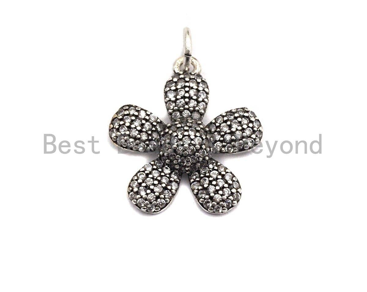 CZ Micro Pave Flower Pendant, Antique Silver Tone, Clear Cubic Zirconia Big Pave Flower Charm Pendant, 17x18mm,sku#F1008