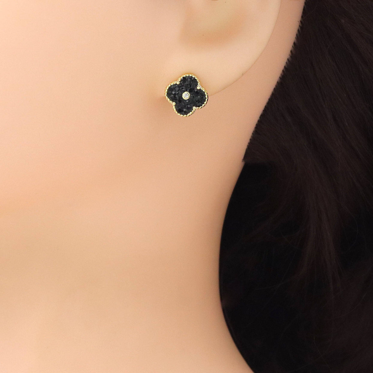 White Black Flower Gold Stud Earrings, Sku#FH233