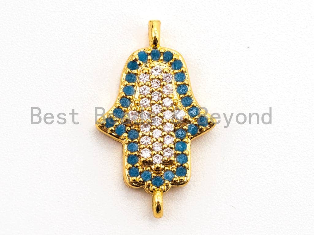 CZ Micro Pave Turquoise Clear CZ Hamsa Hand Connector, Cubic Zirconia Space Connector,11x18mm, sku#A59