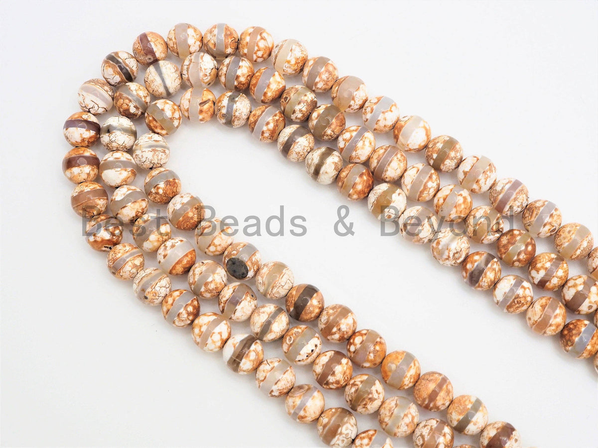 Quality DZI Brown Cream White Agate beads, Round with One line Tibetan Agate Beads, 6mm/8mm/10mm/12mm Agate,15.5'' Strand, SKU#U406
