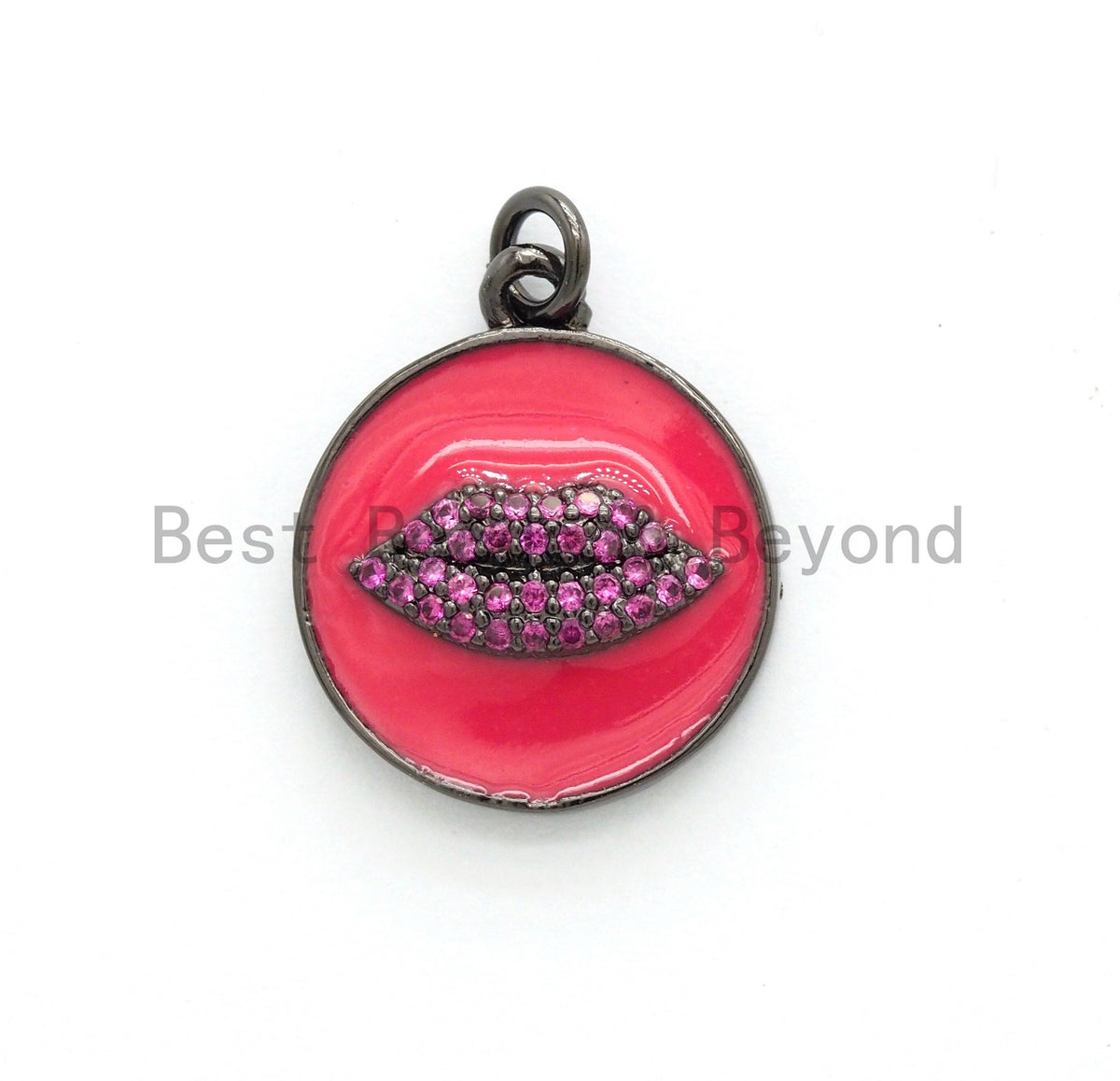 NEW Colorful Oil Dropped Round Charm with  Fuchsia Lip, Enamel Gunmetal Pendant Charms, Enamel Oil Drop CZ Charm, Lip Charm,17x20mm,sku#F563