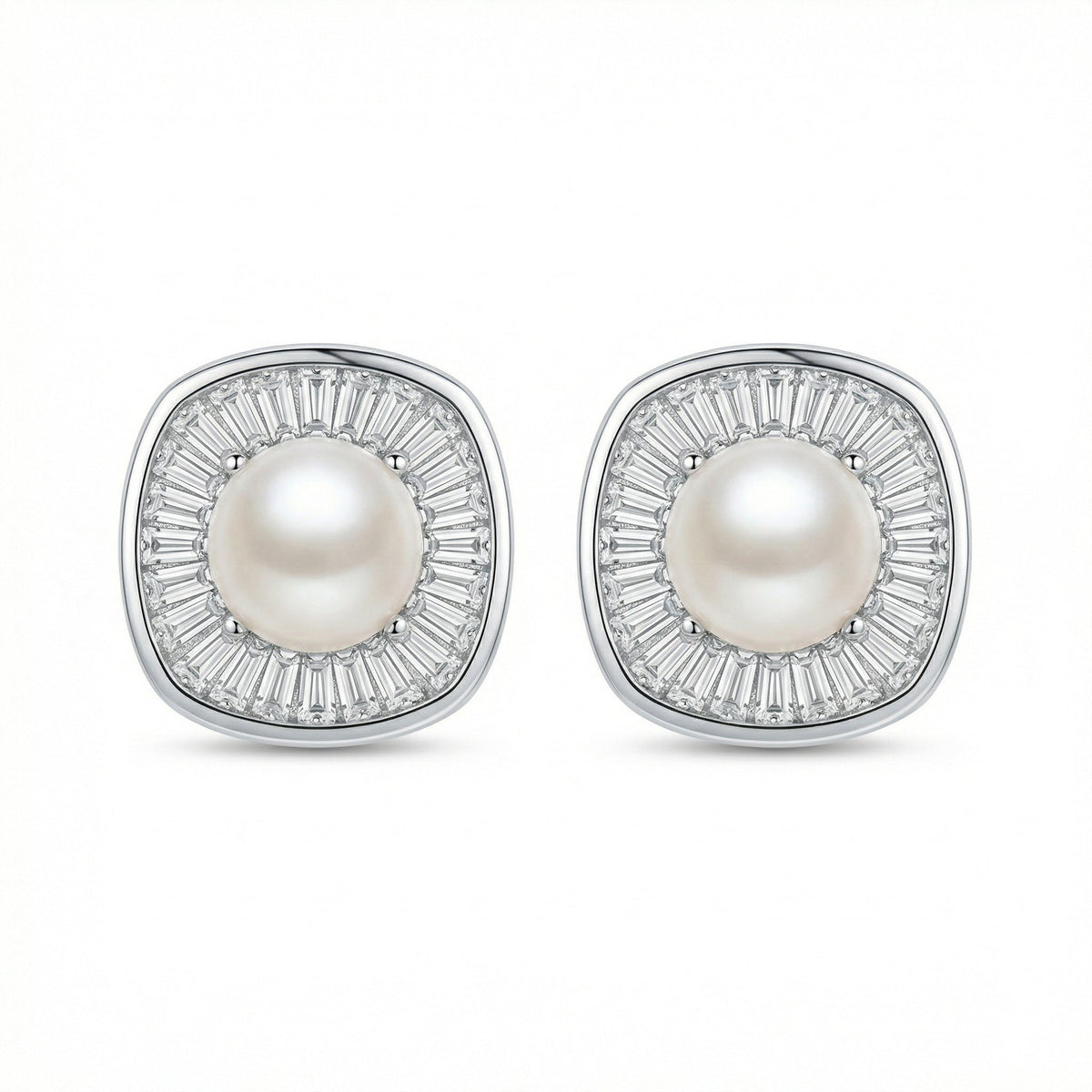 925 Sterling Silver Radiant Pearl and Tapered Baguette CZ Cushion Halo Stud Earrings