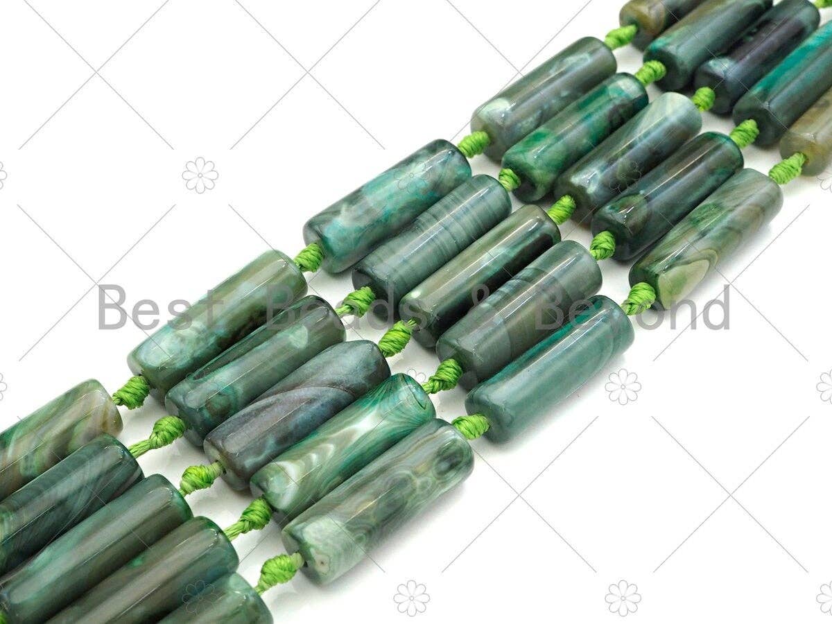 Natural Green Agate Cylinder Spacer Beads, Green Agate Spacer Beads, Tibetan Dzi Beads, 10x30mm, Sku#U1018
