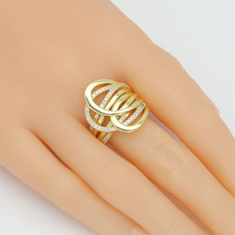 Multiline  CZ Gold Arc-shaped Statement Adjustable Ring, Sku#LK1067