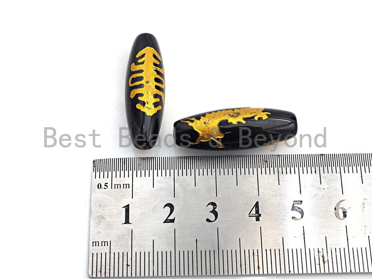Natural Tibetan Agate Long Oval Shape Beads, Black Gold Dzi beads, Barrel Agate Beads, 10x30mm, sku#U586