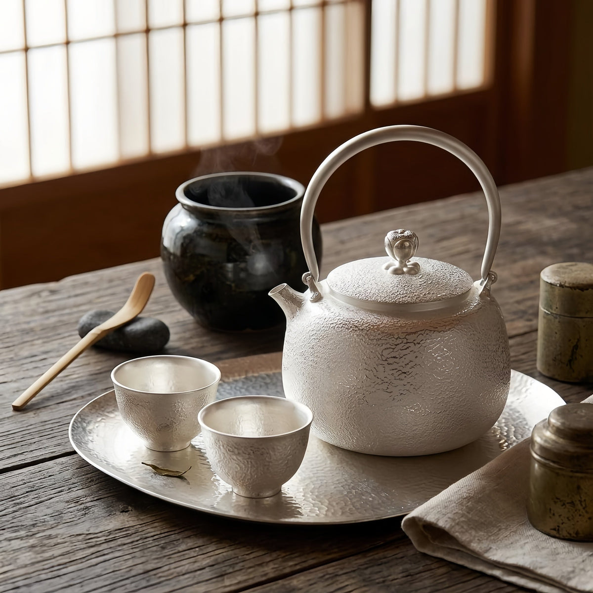 Pure 999 Fine Silver Handcrafted Fine Silver Teapot with Hammered Texture and Elegant Arched Handle - Handicraft
