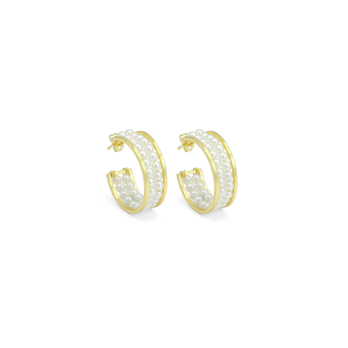 Double Line Pearl Gold Hoop Shape Stud Earrings, Sku#FH238