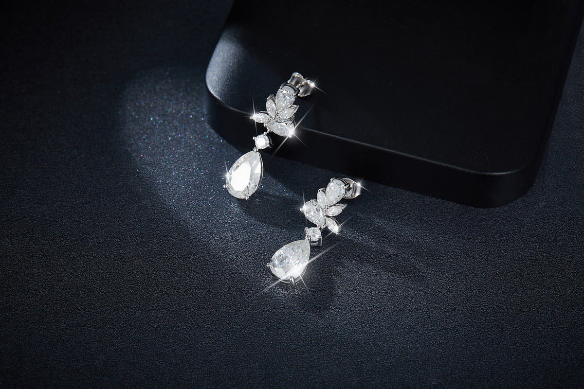 S925 Sterling Silver Pear Cut Moissanite Dangle Earrings  7x11mm Elegant Floral Cluster Drop Earrings With GRA Platinum Plated Jewelry Gift Box Set