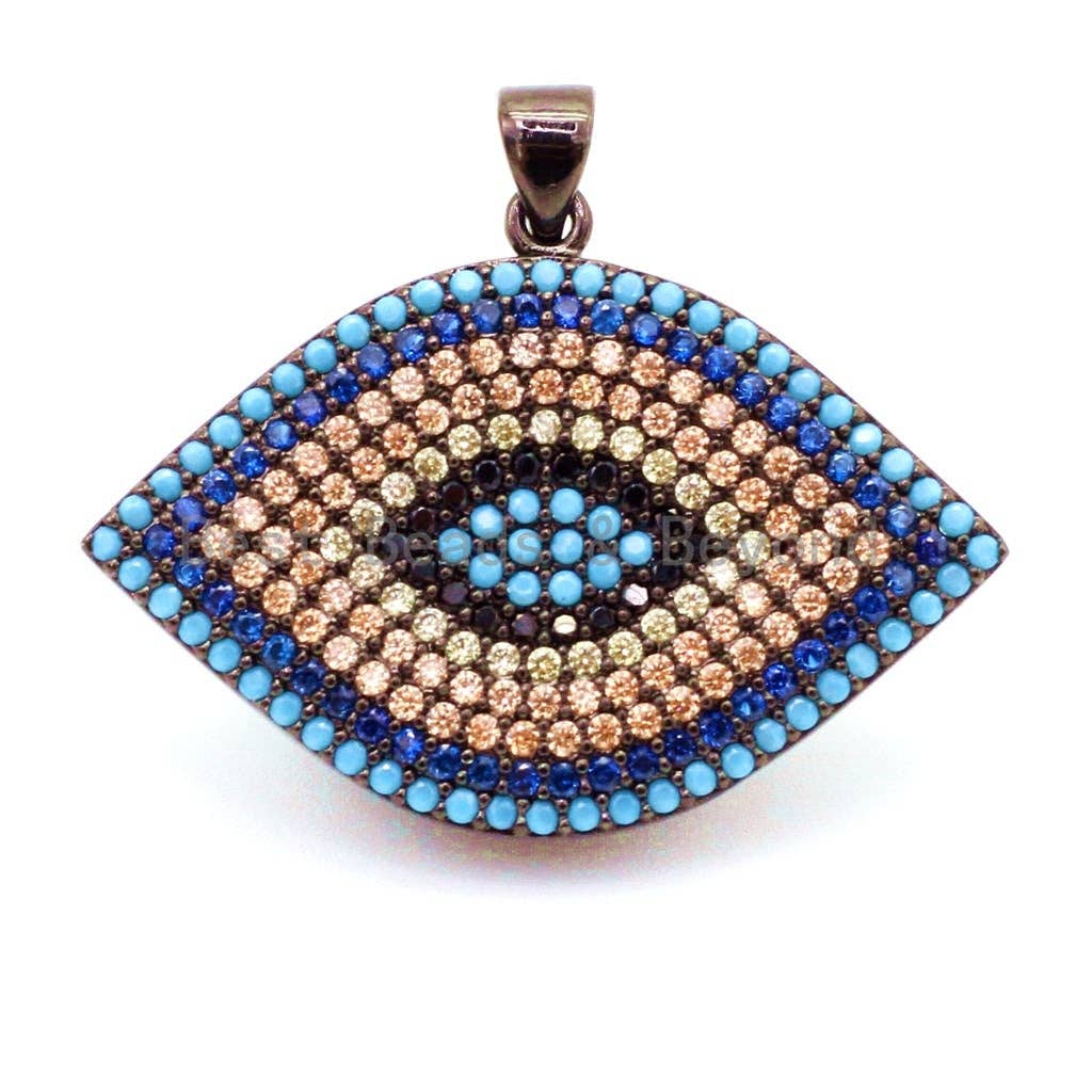 CZ Micro Pave Turquoise Cobalt Marquise Evil Eye Pendant, Cubic Zirconia Pendant,32x28mm, sku#F30