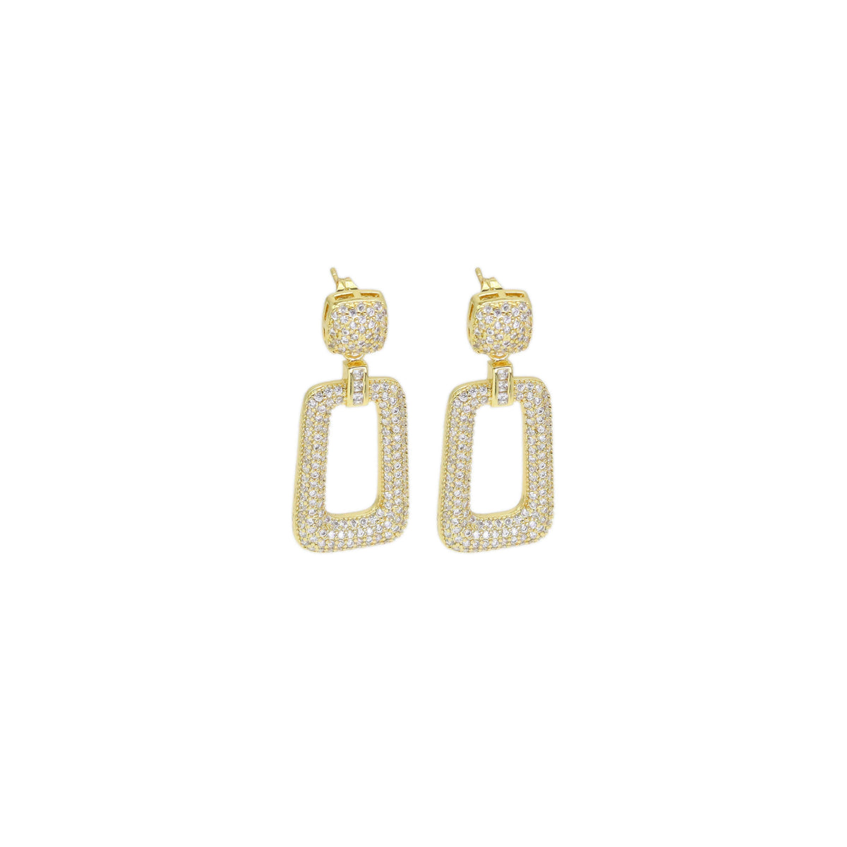 Fully CZ Pave Gold Rectangle Dangle Earrings, Sku#LD521