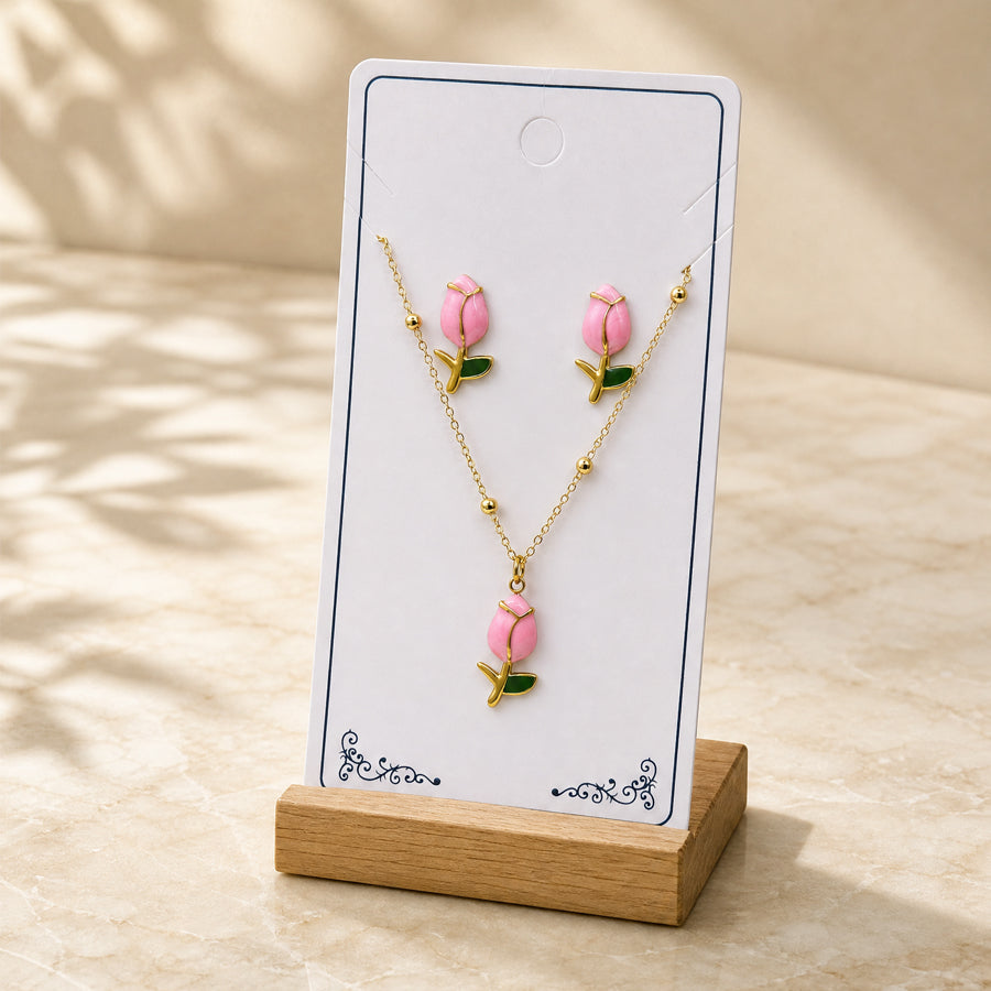 Gold Tone Enamel Tulip Flower Jewelry Set 2Pcs Women Pendant Necklace Stud Earrings Multi Color Floral Bud With Green Leaves Daily Party Dropshipping Gift