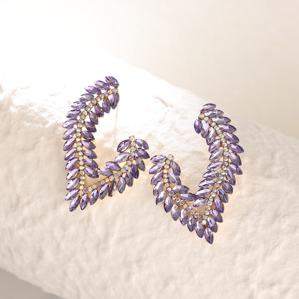 European American Light Luxury Marquise Rhinestone Earrings Exaggerated Banquet Gown Ear Jewelry High End Colored Crystal Alloy Stud Earrings For Women Wholesale