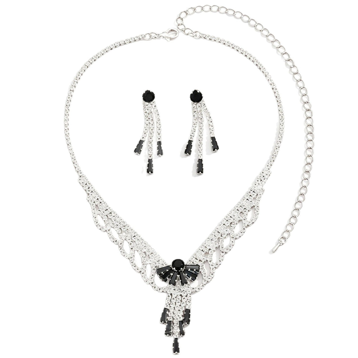 Light Luxury And High-End Rhinestone Bow Lace Earrings And Necklace, Fashionable And Sweet Bridal Wedding Party Jewelry Set