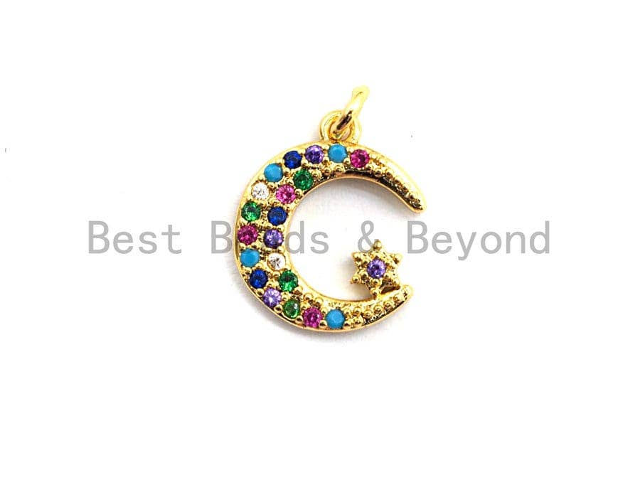 CZ Colorful Micro Pave Moon With Star Pendant, Moon Star Shaped Pave Pendant, Gold plated, 12x14mm, Sku#F756