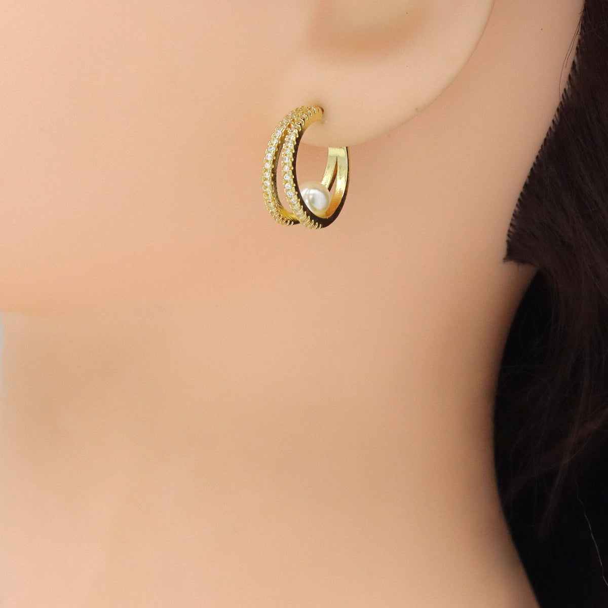 Clear CZ Double Line Pearl Earrings, Sku#LK1013