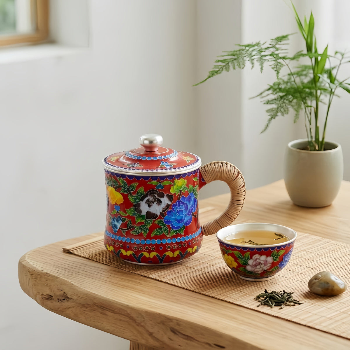 925 Sterling Silver Handcrafted Enamel Tea Cup with Bamboo Handle and Vibrant Floral Design-Premium Indigo Tea Mug - Handicraft