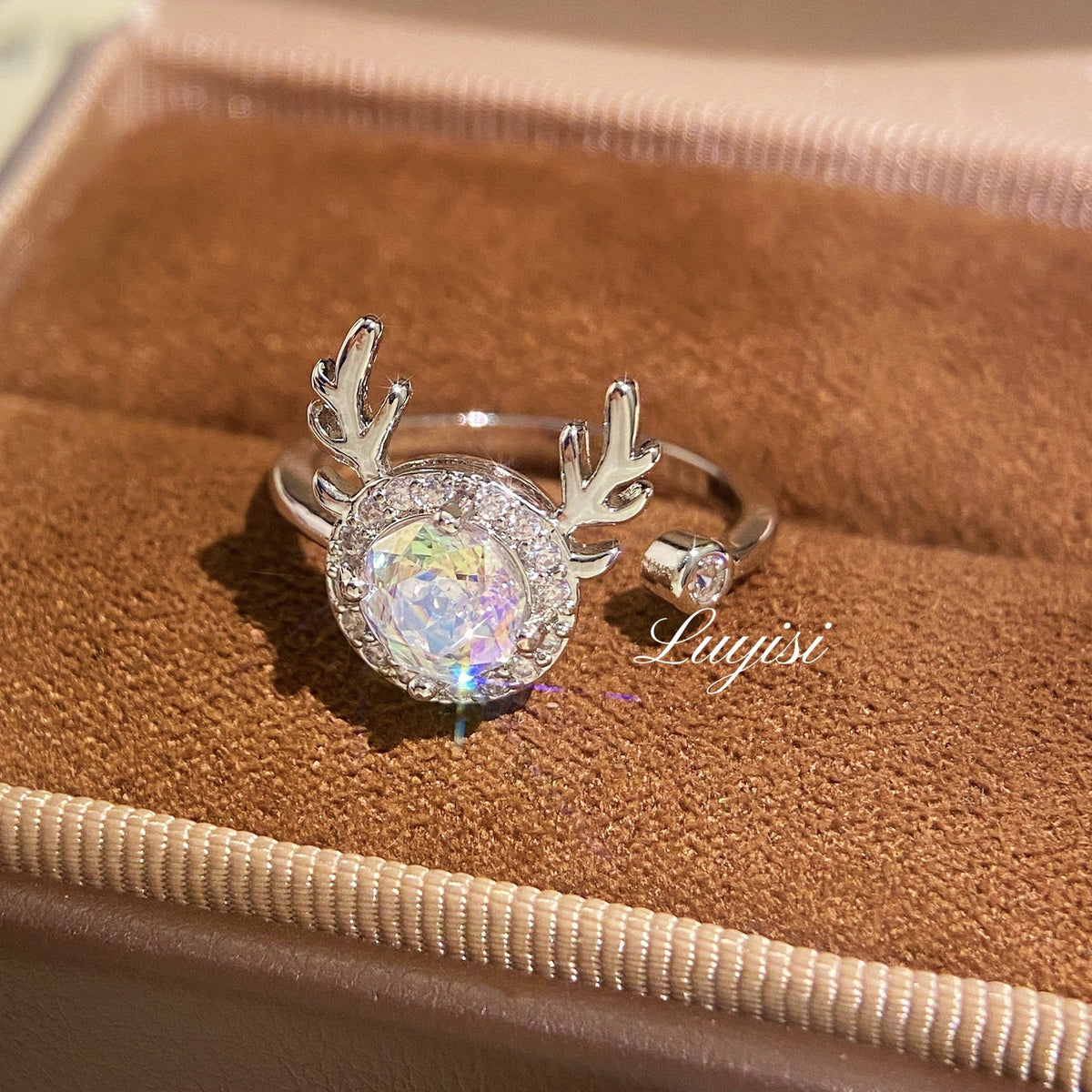 Dainty Purple Crystal Deer Head Ring, Adjustable Stackable Ring, Fashion Jewelry For Women Daily Wear