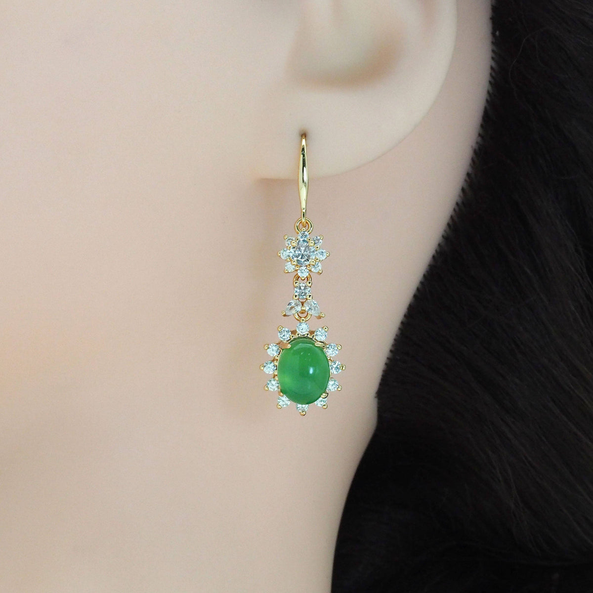 Clear CZ Gold Green Oval Jade Earrings, Sku#LX349