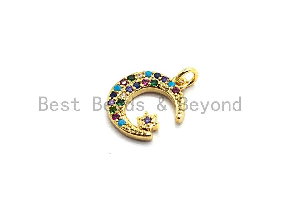 CZ Colorful Micro Pave Moon With Star Pendant, Moon Star Shaped Pave Pendant, Gold plated, 12x14mm, Sku#F756