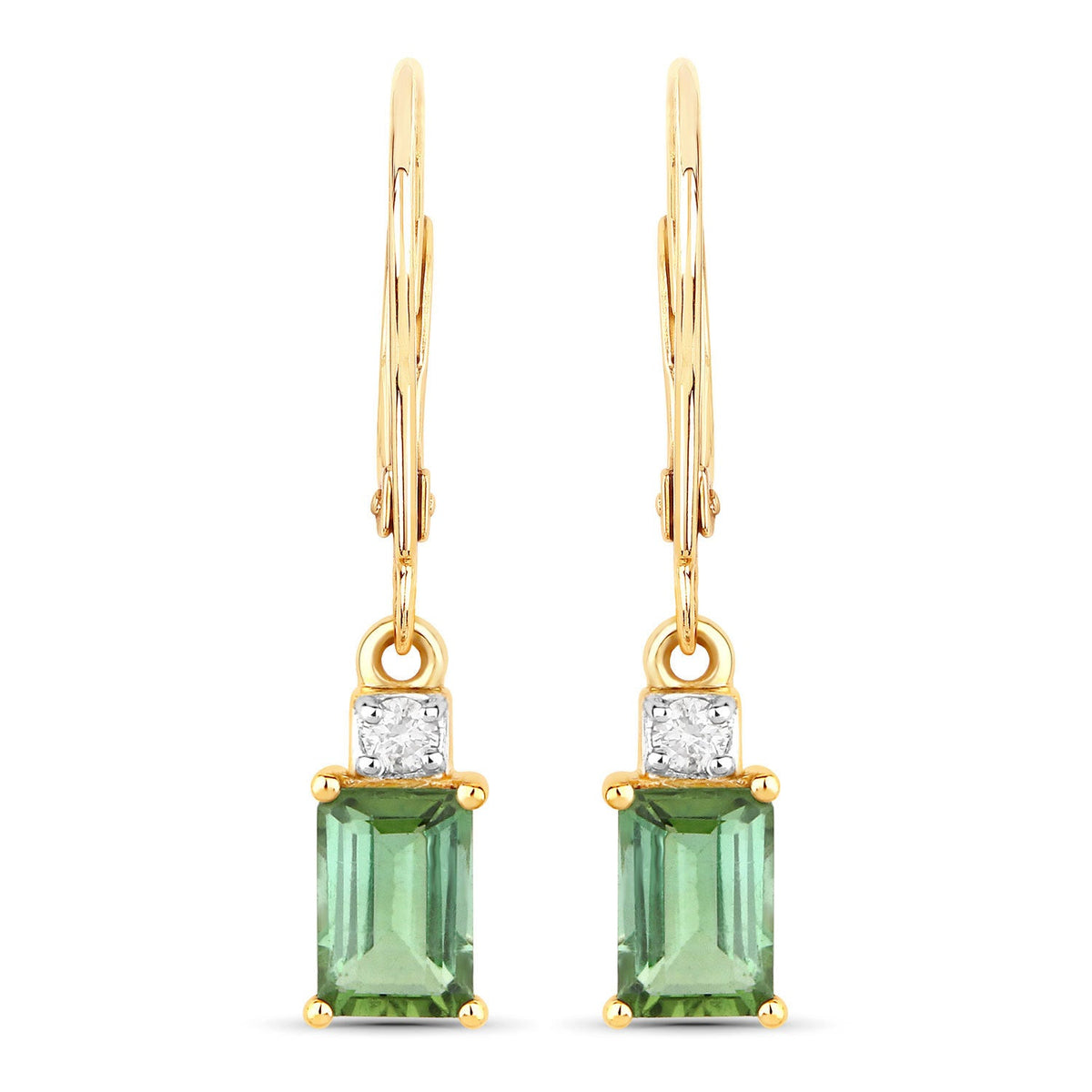 1.28 Carat Genuine Green Tourmaline and White Diamond 14K Yellow Gold Earrings