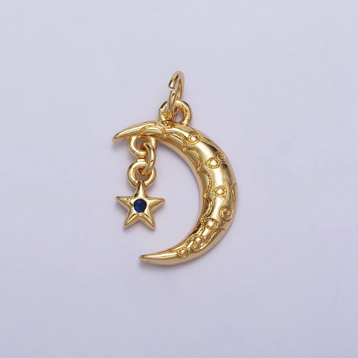 Celestial Engraved Crescent Moon Blue CZ Star Dangle Gold Add-On Charm | AC241