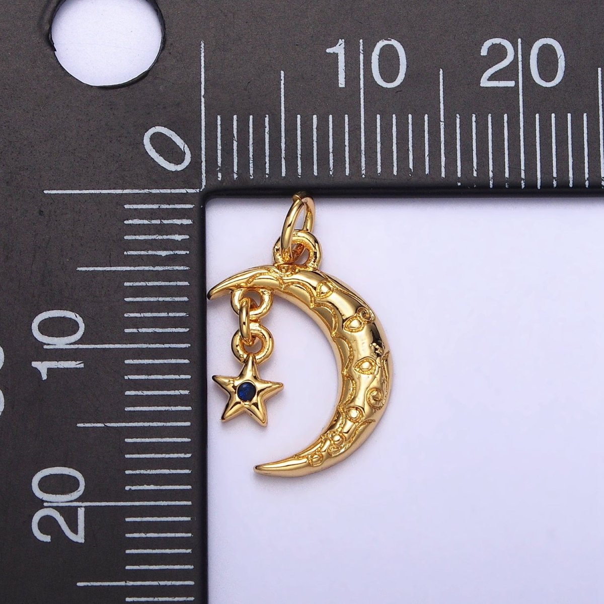Celestial Engraved Crescent Moon Blue CZ Star Dangle Gold Add-On Charm | AC241