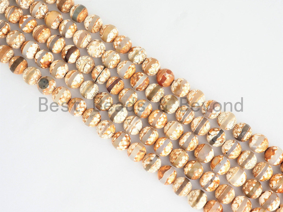 Quality DZI Brown Cream White Agate beads, Round with One line Tibetan Agate Beads, 6mm/8mm/10mm/12mm Agate,15.5'' Strand, SKU#U406