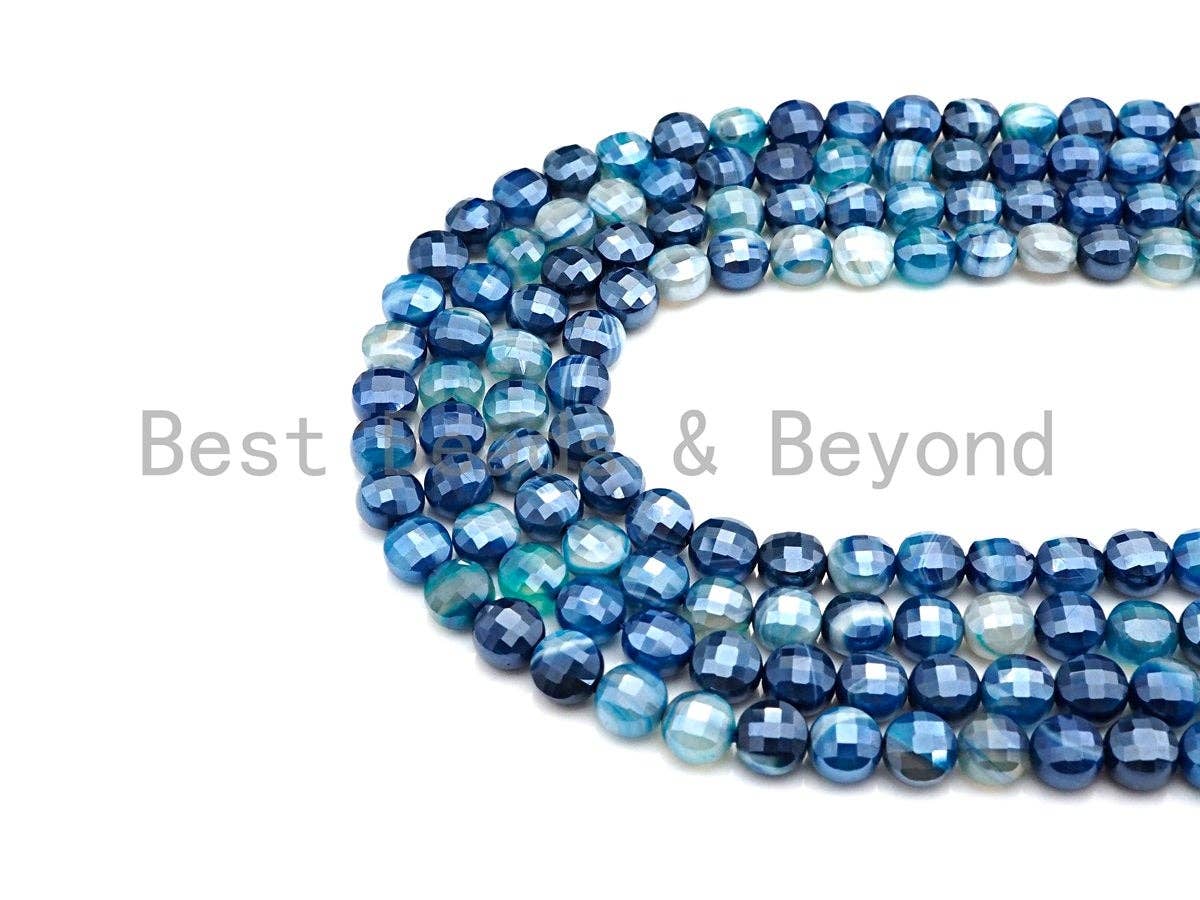 Mystic Plated Turtle Shell Cut Natural Agate Coin Shape beads, 6mm/8mm/10mm Blue Banded Agate Beads, 15.5" Full strand, Sku#UA31
