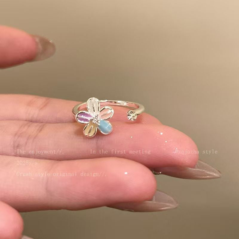Vintage Enamel Flower Ring With Pearl, Intricate Filigree Gold-Plated Band, Dainty Retro Statement Ring For Women
