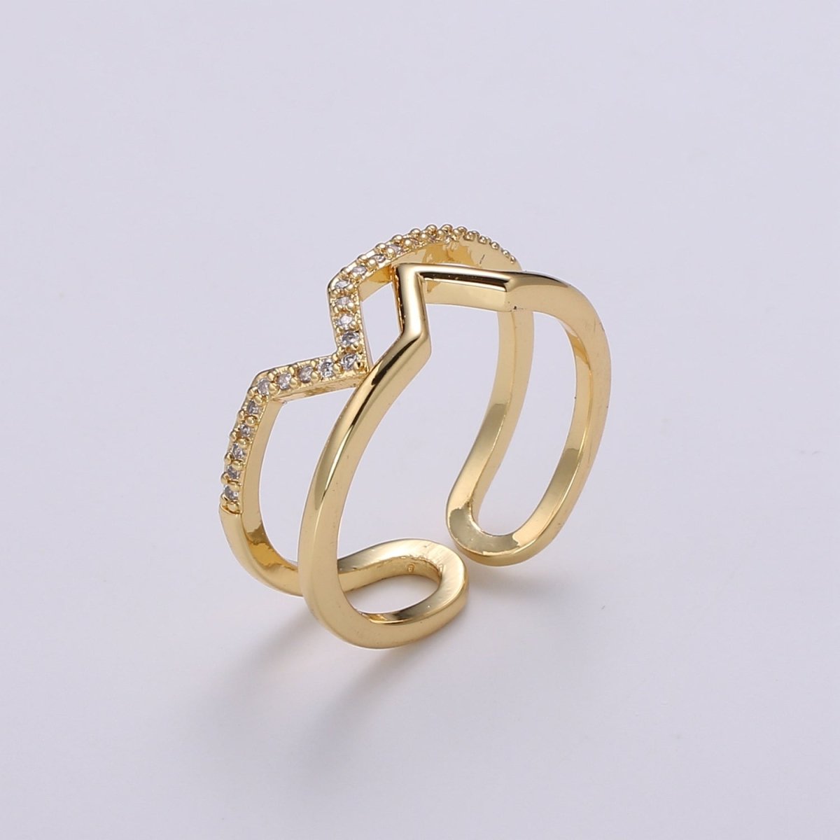 Chevron Open Ring, Dual Band Ring Adjustable Ring Cubic Pave 24K Gold Plated Ring CZ Pendant Double Ring, Dainty ring Charm, R-436
