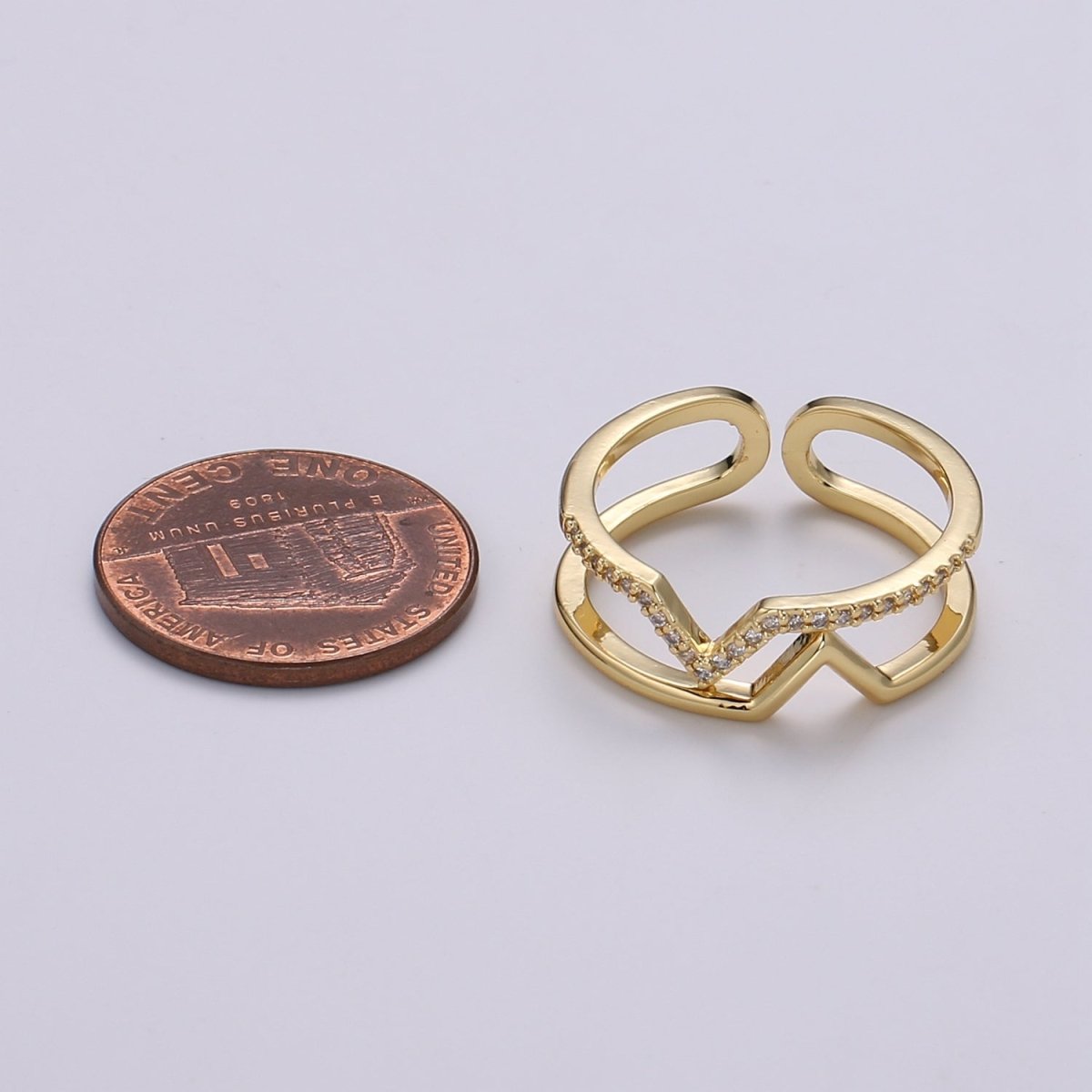 Chevron Open Ring, Dual Band Ring Adjustable Ring Cubic Pave 24K Gold Plated Ring CZ Pendant Double Ring, Dainty ring Charm, R-436