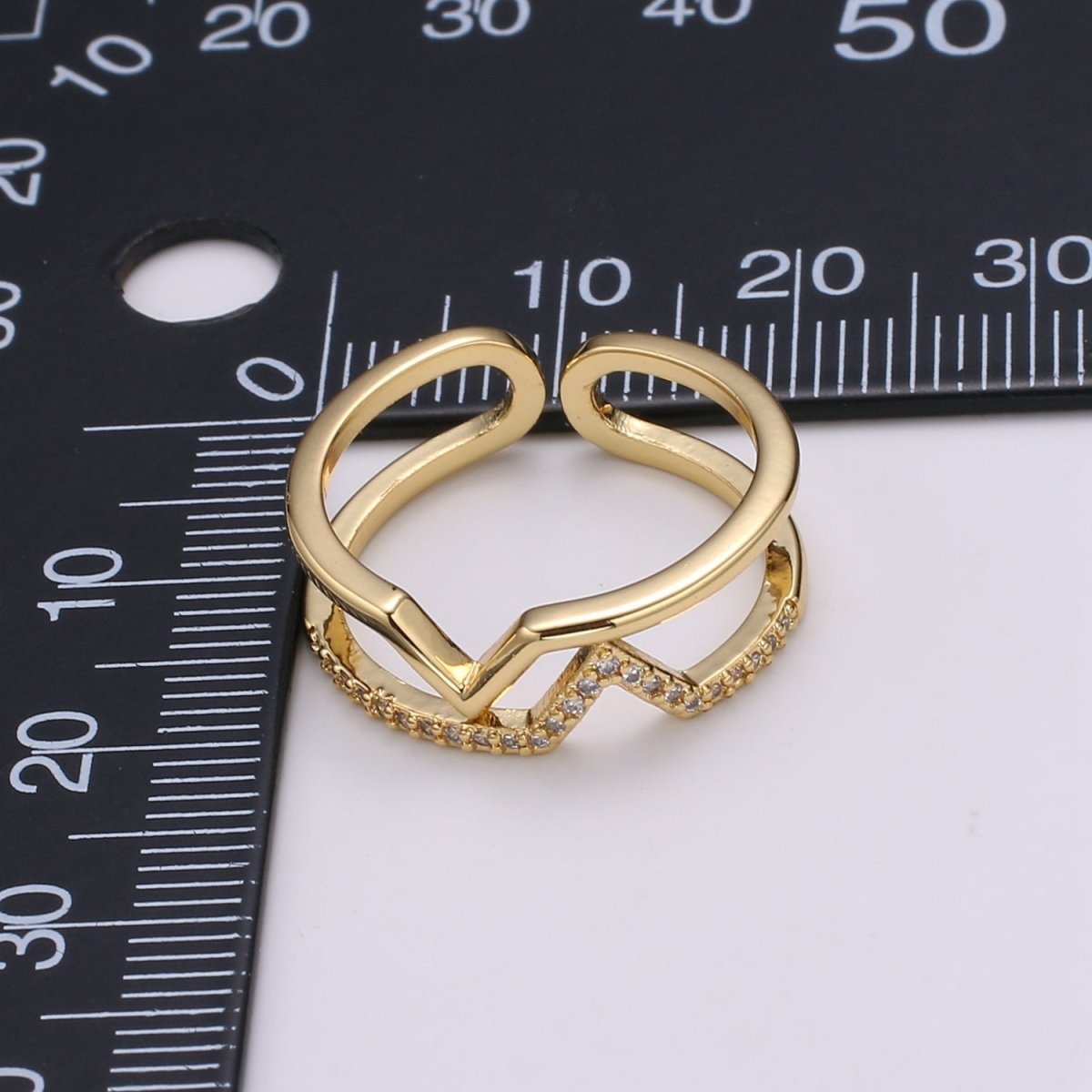 Chevron Open Ring, Dual Band Ring Adjustable Ring Cubic Pave 24K Gold Plated Ring CZ Pendant Double Ring, Dainty ring Charm, R-436