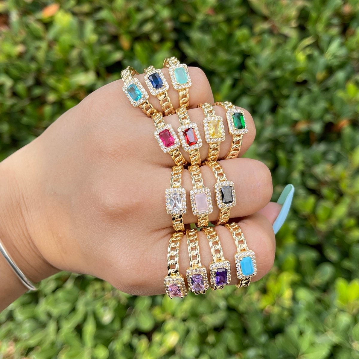 Chunky Cuban Chain Cocktail Ring with Color Cubic Zirconia Stone Statement Jewelry O-411 ~ O-424